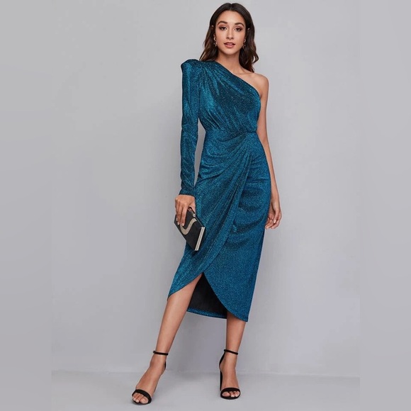SHEIN Medium Blue Modely One Shoulder Wrap Hem Glitter Dress - Picture 1 of 12